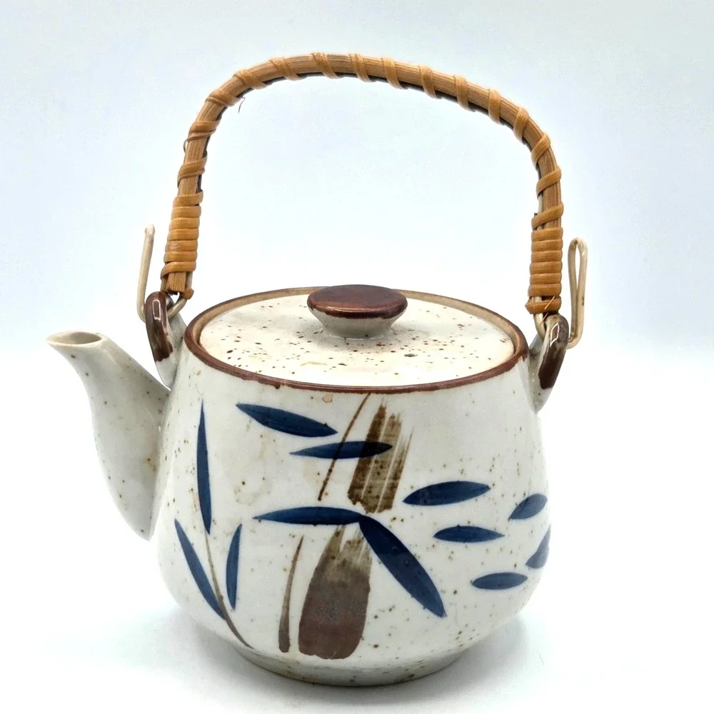 Enesco Japan Ceramic Teapot with 4 Cups Bamboo Design and Bamboo Handle  Vintage